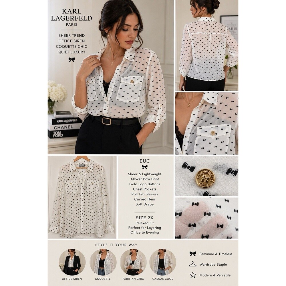 EUC Karl Lagerfeld Paris Sheer Bow Print Blouse 2X Office Siren Chic Euro Summer